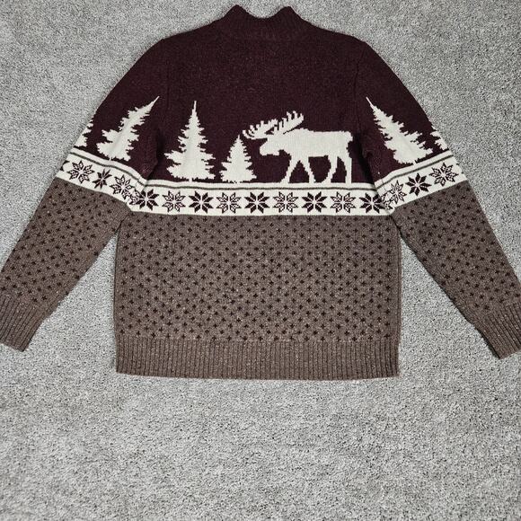 Duluth Trading Sweater Mens Medium Maroon Shetland Wool Fair Isle Moose Cabin - Picture 2 of 8